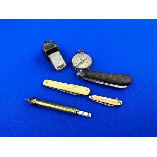 289 - Small Collectables including Bone Handle Pen Knife, LMS Train Whistle, Compass etc.