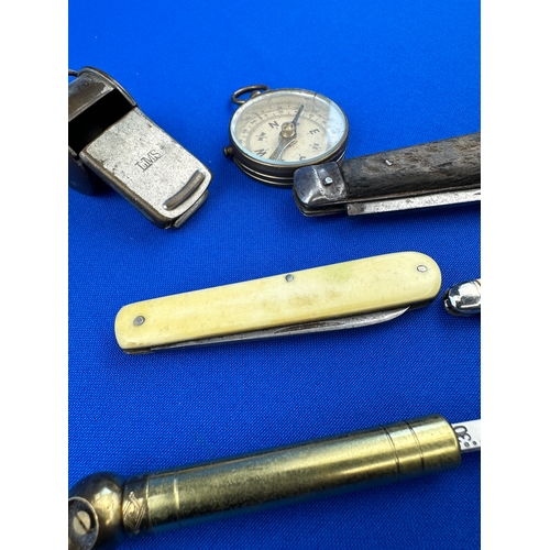 289 - Small Collectables including Bone Handle Pen Knife, LMS Train Whistle, Compass etc.