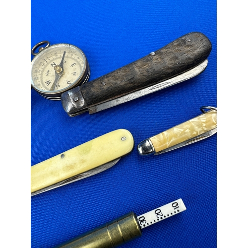 289 - Small Collectables including Bone Handle Pen Knife, LMS Train Whistle, Compass etc.