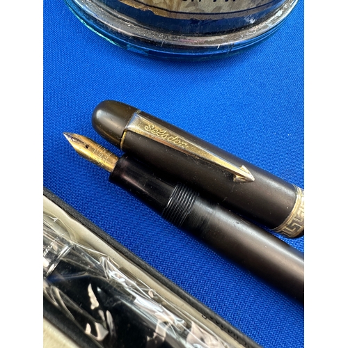 262 - Vintage Ink Bottle, Selsdon Fountain Pen with 14k Gold Nib, Waterman Pen & RMS Queen Elizabeth Pen.