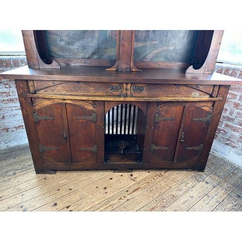 591 - Large Arts & Crafts Sideboard in the style of Edgar Wood. Oil on Canvas Painting, Copper Fittings, R... 