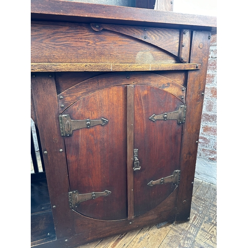 591 - Large Arts & Crafts Sideboard in the style of Edgar Wood. Oil on Canvas Painting, Copper Fittings, R... 