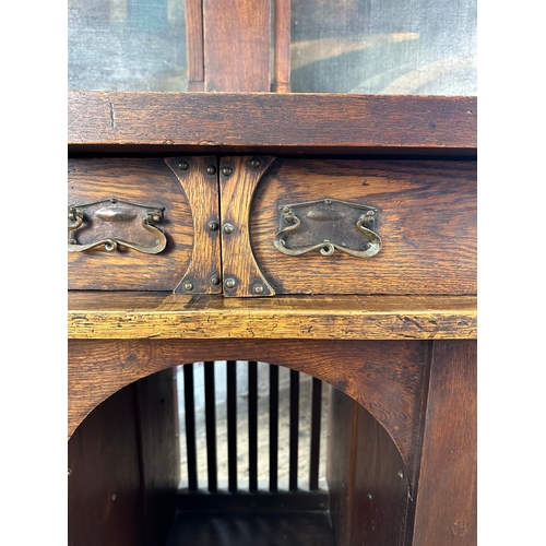 591 - Large Arts & Crafts Sideboard in the style of Edgar Wood. Oil on Canvas Painting, Copper Fittings, R... 