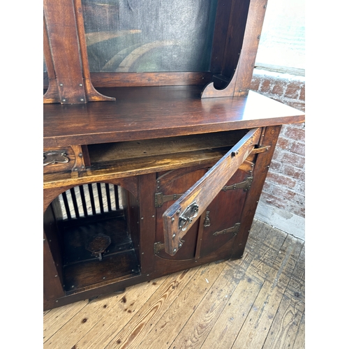 591 - Large Arts & Crafts Sideboard in the style of Edgar Wood. Oil on Canvas Painting, Copper Fittings, R... 