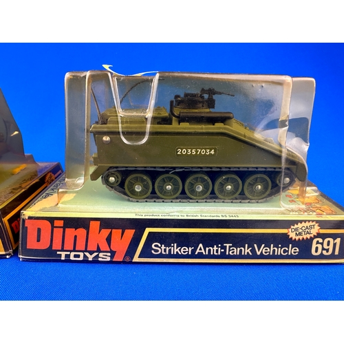 108 - Dinky Toys Diecast 691 Striker Anti Tank Vehicles x2 both with Rocket Launcher Faults