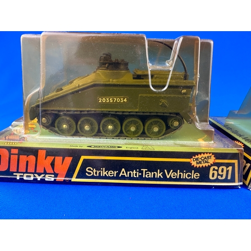 108 - Dinky Toys Diecast 691 Striker Anti Tank Vehicles x2 both with Rocket Launcher Faults