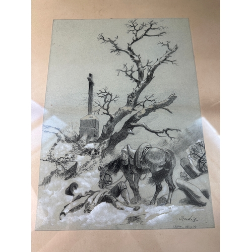 201 - Antique Burning Mill Oil on Board & Pencil Drawing