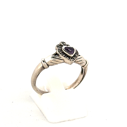 14 - Silver & Marcasite ' Claddagh' Ring set with Purple Stone size T