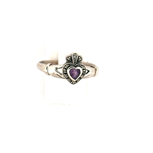 14 - Silver & Marcasite ' Claddagh' Ring set with Purple Stone size T