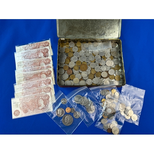 44 - Collection of Vintage British Currency in a Tin, Good Condition 10 Shilling Notes, Mint Condition Am... 