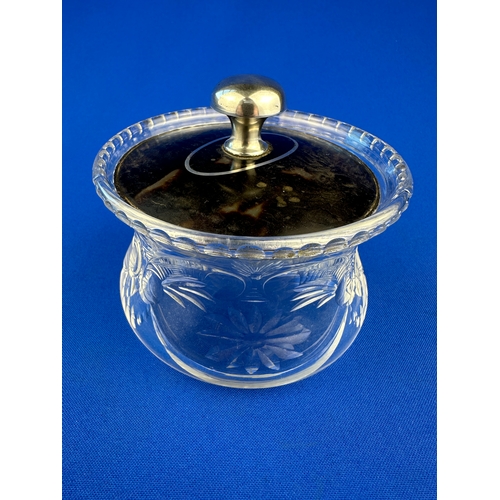 39 - Art Deco Tortoiseshell & Hallmarked Silver Lidded Etched Glass Pot - Birmingham 1925