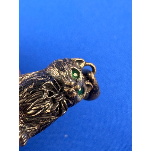 16 - Sterling Silver Cat Whistle Charm with Emerald Coloured Stones for Eyes 11.4g