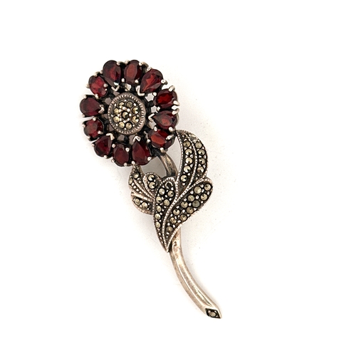 47 - Large Silver & Marcasite Flower Brooch set with Red Stones  marked 925