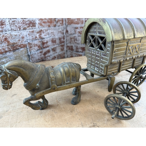 219 - Large Heavy Brass Horse & Cart