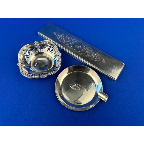 92 - Hallmarked Silver Pierced Pin Dish, Spanish Silver Ashtray & Hallmarked Silver Lid 85.65g
