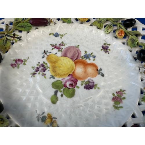 184 - Antique Carl Thieme Dresden Reticulated Pierced Plate Decorated with Fruit & Flowers