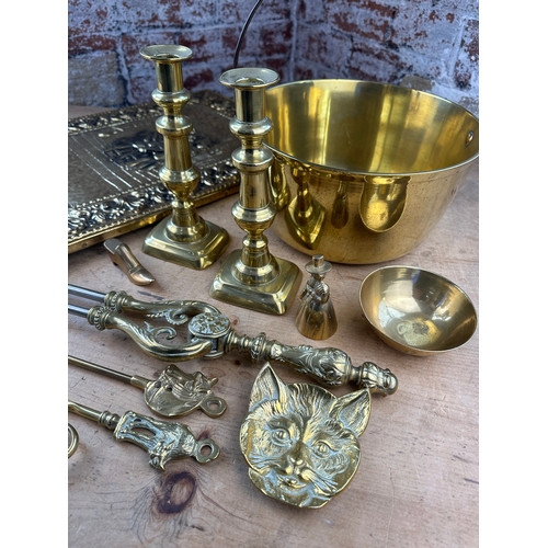 253 - Group of Brassware including Antique Candlesticks