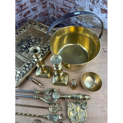 253 - Group of Brassware including Antique Candlesticks