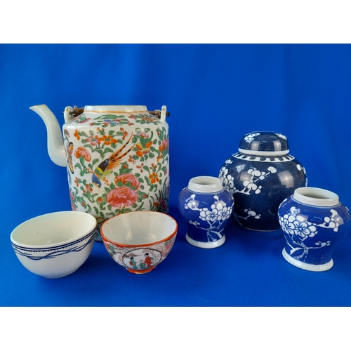 522 - 3 Prunus Pattern Ginger Jars, 2 Tea Bowls and 19th Century Canton Teapot (missing lid)