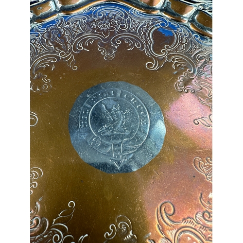 476 - Antique Sheffield Plate Salver with Engraved Armorial 'Nil Nisi Cruce' - 'Nothing Without The Cross'