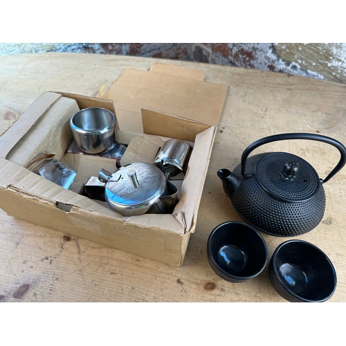 484 - Japanese Cast Iron Teapot & Cups, Vintage Stainless Steel Breakfast Set - boxed