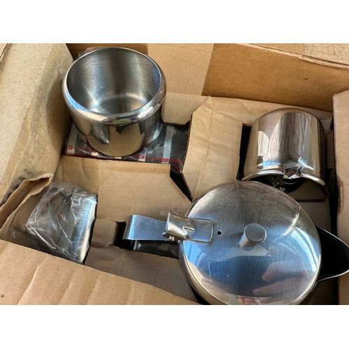 484 - Japanese Cast Iron Teapot & Cups, Vintage Stainless Steel Breakfast Set - boxed