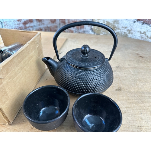 484 - Japanese Cast Iron Teapot & Cups, Vintage Stainless Steel Breakfast Set - boxed