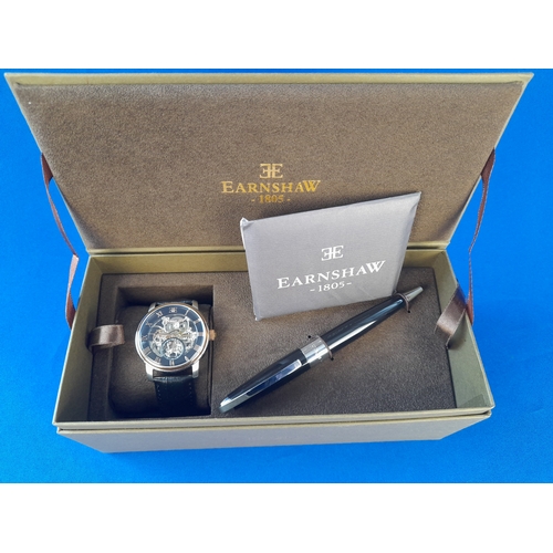 215 - Boxed As New Earnshaw Gold Black Automatic Wrist Watch and Pen Set ES-8041-04