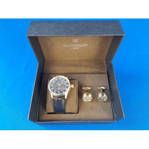 216 - Boxed As New Earnshaw Black Longitude Automatic Wrist Watch and Cufflinks Set ES-8807-02