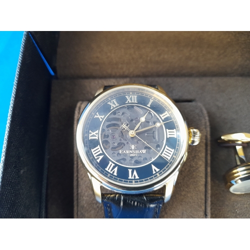 216 - Boxed As New Earnshaw Black Longitude Automatic Wrist Watch and Cufflinks Set ES-8807-02