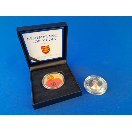 506 - Boxed Proof Remembrance Poppy £5 Coin and Cook Islands Princess Diana One Dollar