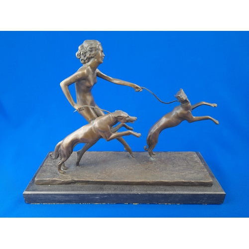 515 - Art Deco Style Bronze Mounted Nude Figure and Dogs on Marble Base – signed ‘Jean Patoue’