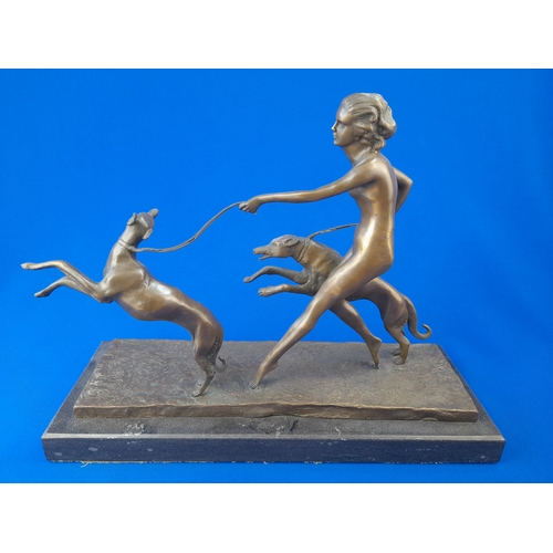 515 - Art Deco Style Bronze Mounted Nude Figure and Dogs on Marble Base – signed ‘Jean Patoue’