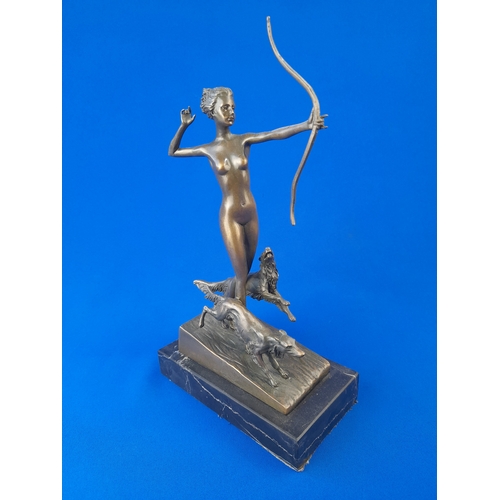 519 - Art Deco Style Bronze Mounted Nude Female Figure Holding Bow and Dogs on Marble Base – signed ‘Loren... 