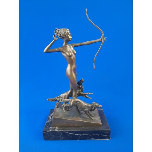 519 - Art Deco Style Bronze Mounted Nude Female Figure Holding Bow and Dogs on Marble Base – signed ‘Loren... 