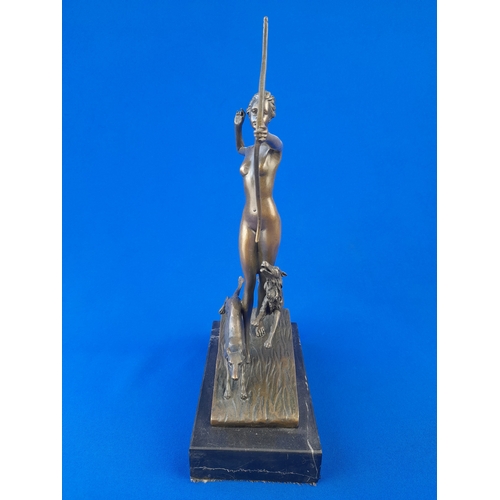 519 - Art Deco Style Bronze Mounted Nude Female Figure Holding Bow and Dogs on Marble Base – signed ‘Loren... 