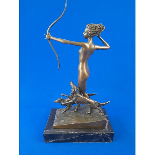 519 - Art Deco Style Bronze Mounted Nude Female Figure Holding Bow and Dogs on Marble Base – signed ‘Loren... 