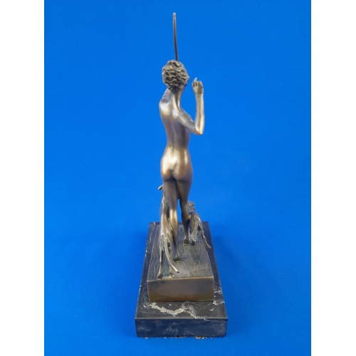 519 - Art Deco Style Bronze Mounted Nude Female Figure Holding Bow and Dogs on Marble Base – signed ‘Loren... 