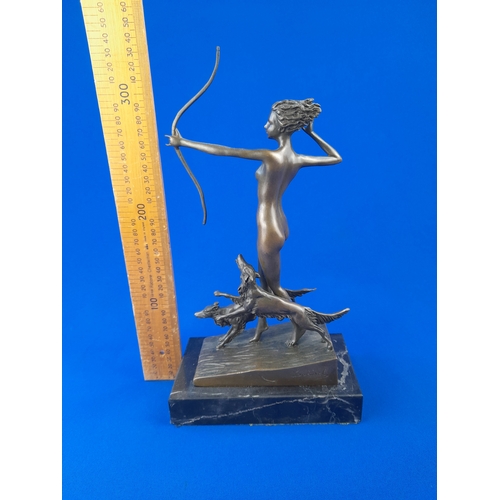 519 - Art Deco Style Bronze Mounted Nude Female Figure Holding Bow and Dogs on Marble Base – signed ‘Loren... 