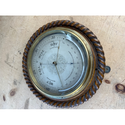 420 - Vintage Rope Twist Oak Framed Barometer with Mercury Thermometer