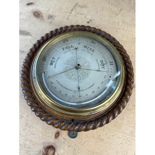 420 - Vintage Rope Twist Oak Framed Barometer with Mercury Thermometer