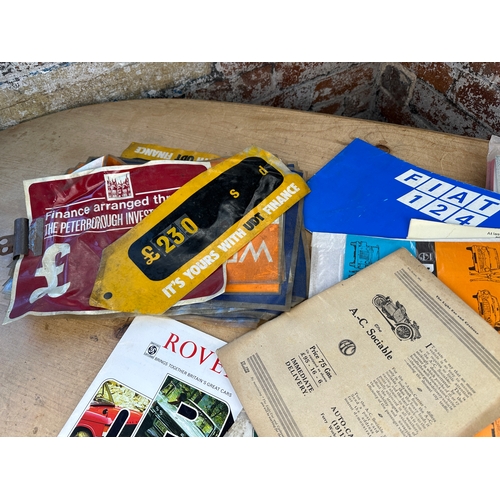 421 - Group Vintage Motor Car Brochures & For Sale Window Advertising Stickers etc.