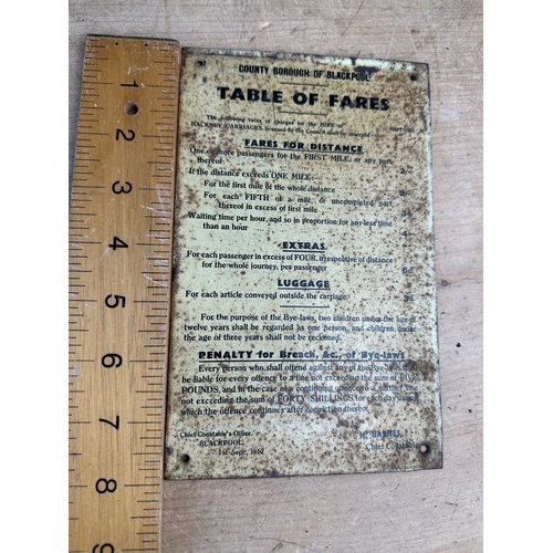 426 - 1952 County Borough of Blackpool Hackney Carriage Table of Fares