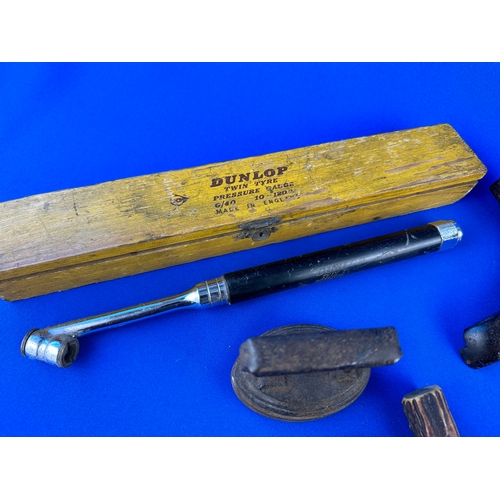 437 - Small Collectable Tools etc including: Dunlop Twin Tyre Pressure Gauge, Bottle Opener, Carpenters Sc... 