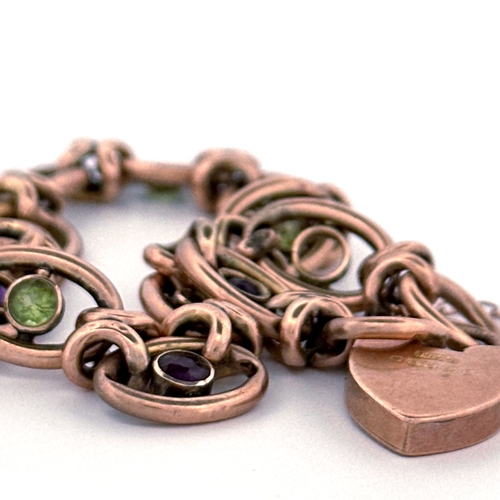 22 - Edwardian 9ct Gold Bracelet with Amethyst & Peridot Stones & Heart Shaped Clasp (missing two stones)... 