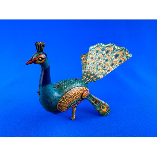 307 - 1960's Mechanical Tinplate 'Proud' Peacock by ALPS Japan - Working order, mossing a tail feather