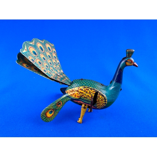 307 - 1960's Mechanical Tinplate 'Proud' Peacock by ALPS Japan - Working order, mossing a tail feather