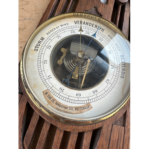 377 - Decorative Oak, Nouveau Style Barometer & Mercury Thermometer made in Rotterdam