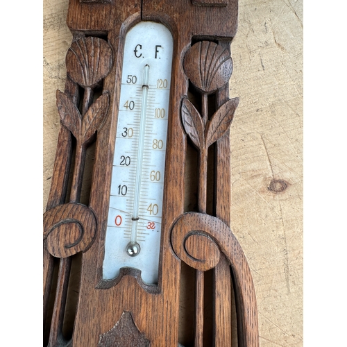 377 - Decorative Oak, Nouveau Style Barometer & Mercury Thermometer made in Rotterdam