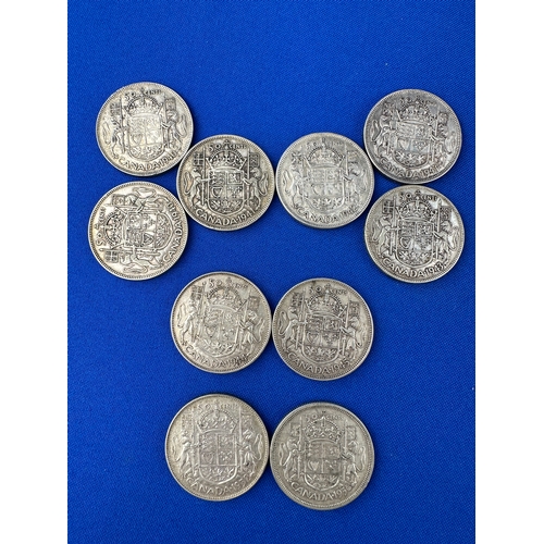 159 - 10 Canadian Silver 50 Cent Coins 116g: 1940(x2), 1941, 1942, 1943(x2), 1944, 1945, 1952 & 1956.